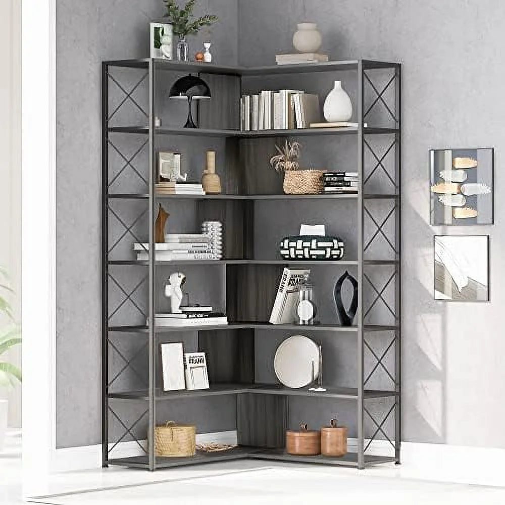 7-Tall L-Shaped Corner Bookshelf with Metal Frame I1914
