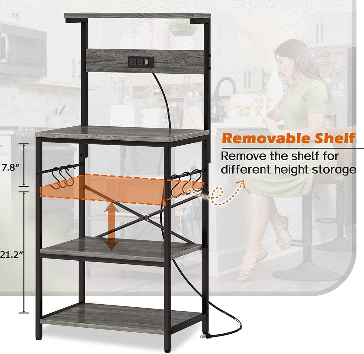 Charcoal Gray 4 Tiers Kitchen Bakers Rack with Power Outlet L62572