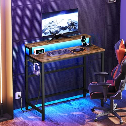 Black Computer Desk with Charging Station and LED Lights G266