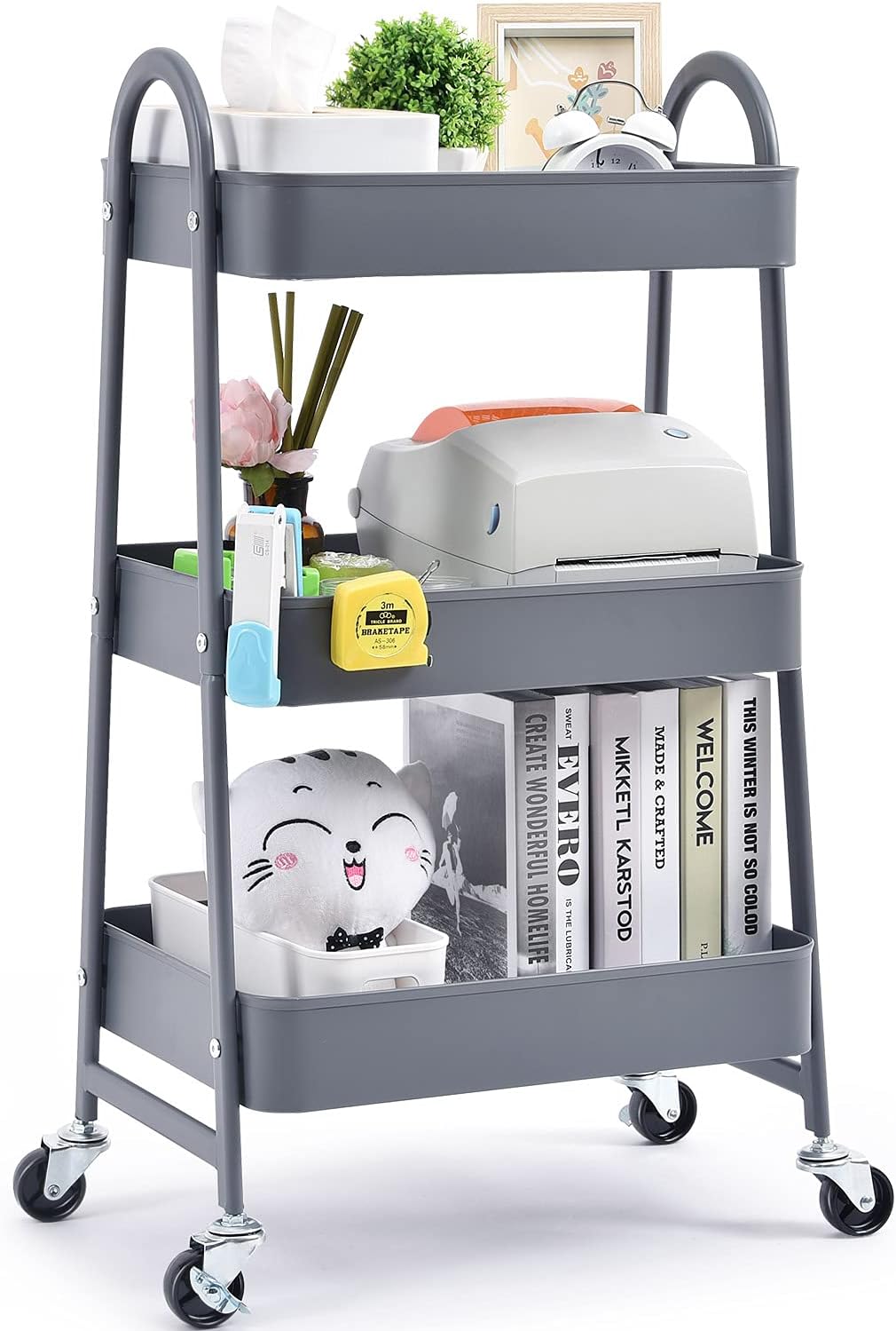 3-Tier Rolling Utility Cart with Metal Wheels White R3591