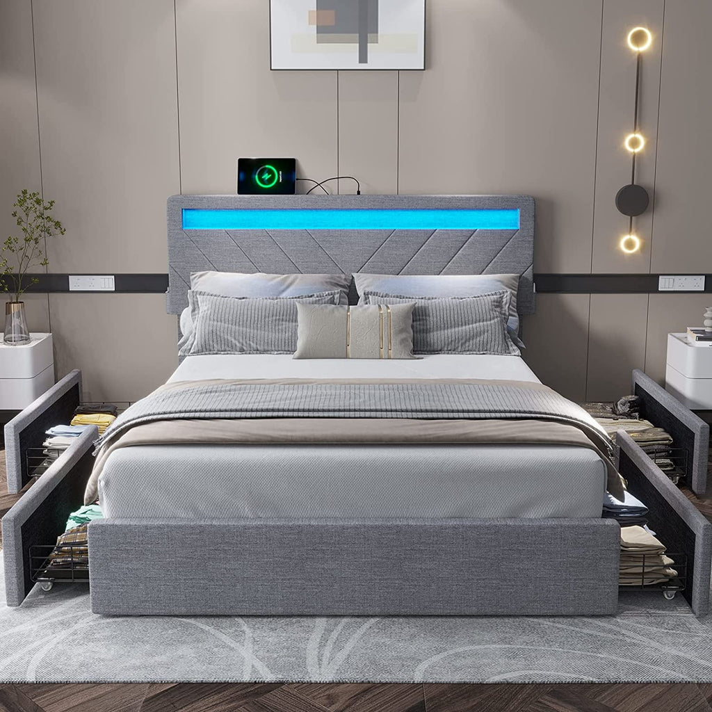 Queen Size Upholstered Platform Bed Frame with 4 Drawers and LED Lights Headboard C28983