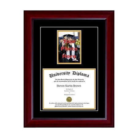Single Diploma Frame with 5x7 Photo and Double Matting for 15x22 x 12x22 Tall Diploma with Mahogany 2x2 C7357