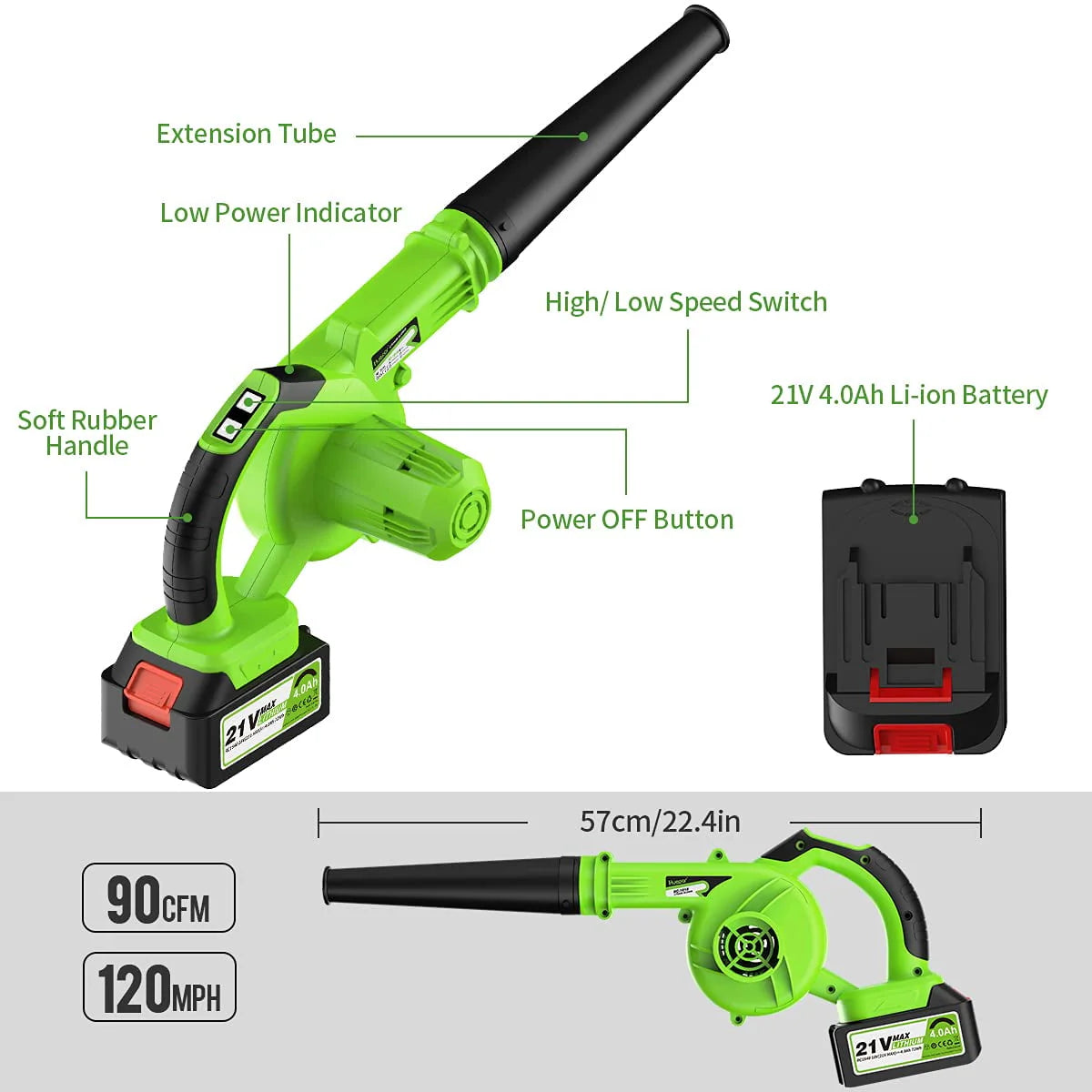 21V Cordless Leaf Blower 135MPH 321CFM 6 Speed with 4.0Ah Li-ion Battery F562