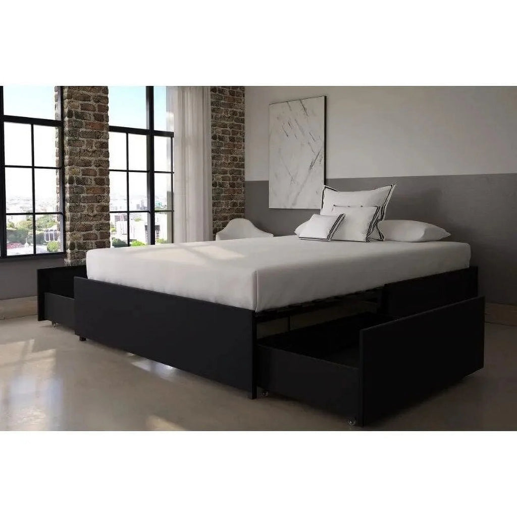 Queen Black Faux Leather Platform Bed with Storage W512