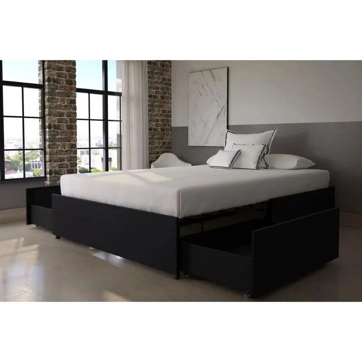 Queen Black Faux Leather Platform Bed with Storage W512