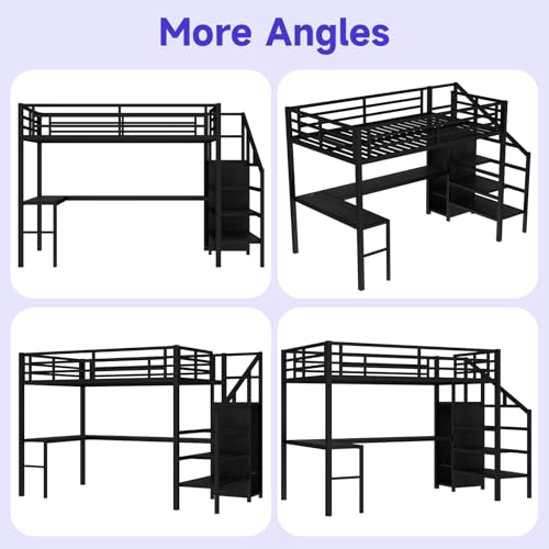Full Size Metal Loft Bed Frame with Desk, Wardrobe, Storage Stairs Y205
