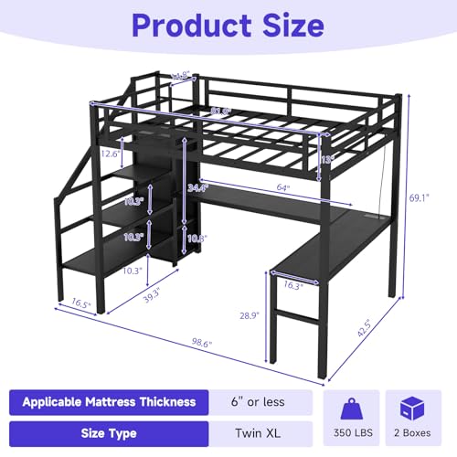 Full Size Metal Loft Bed Frame with Desk, Wardrobe, Storage Stairs Y205