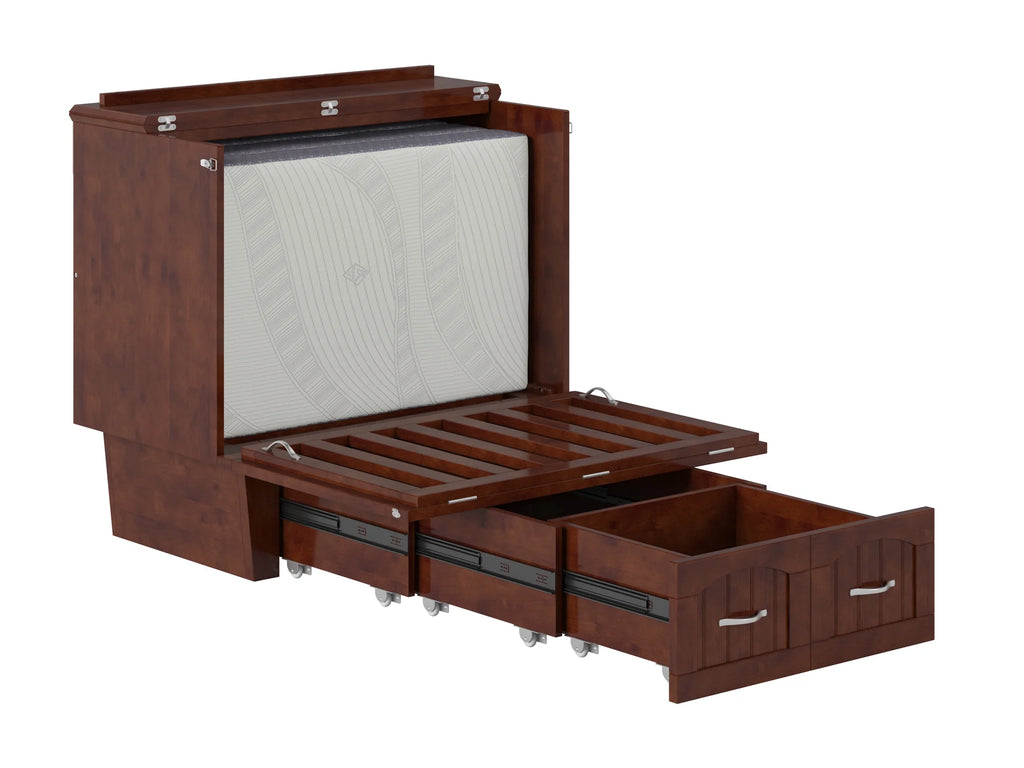 Twin Solid Wood Murphy Bed Chest with Mattress, Drawer & Charger, Walnut C704
