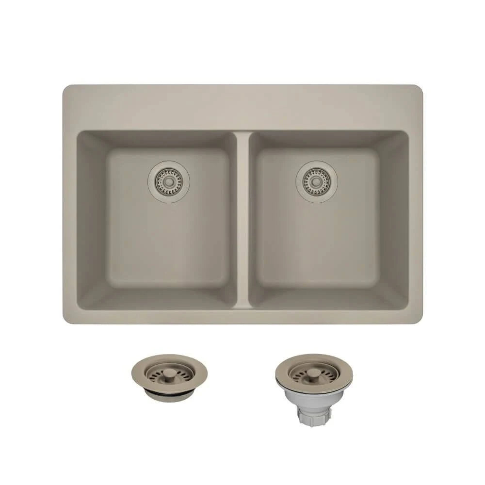 Quartz Granite Double Basin Drop-In Kitchen Sink with Basket Strainers E713071