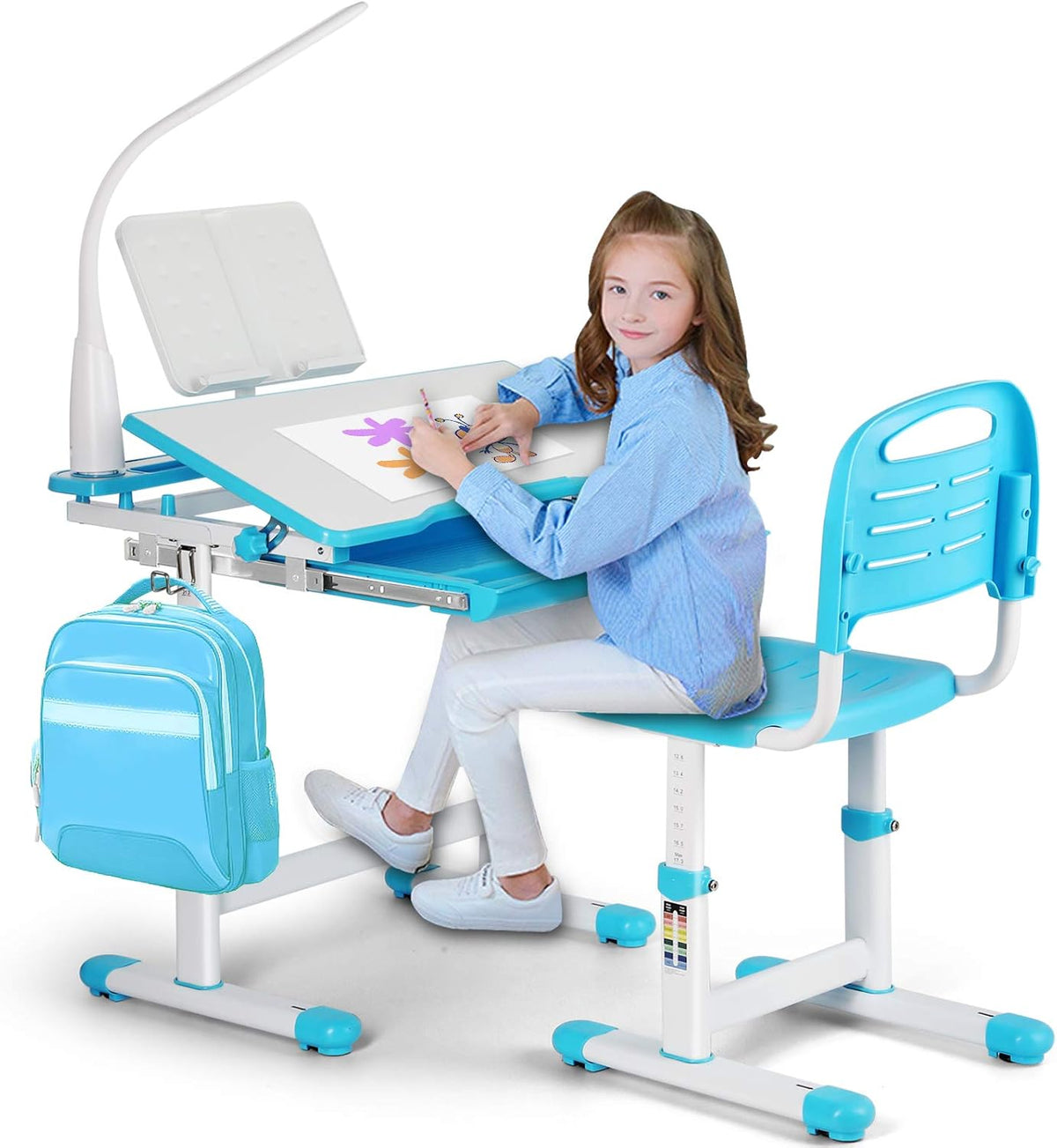 Pink Kids Study Desk and Chair Set with LED Lamp A60389