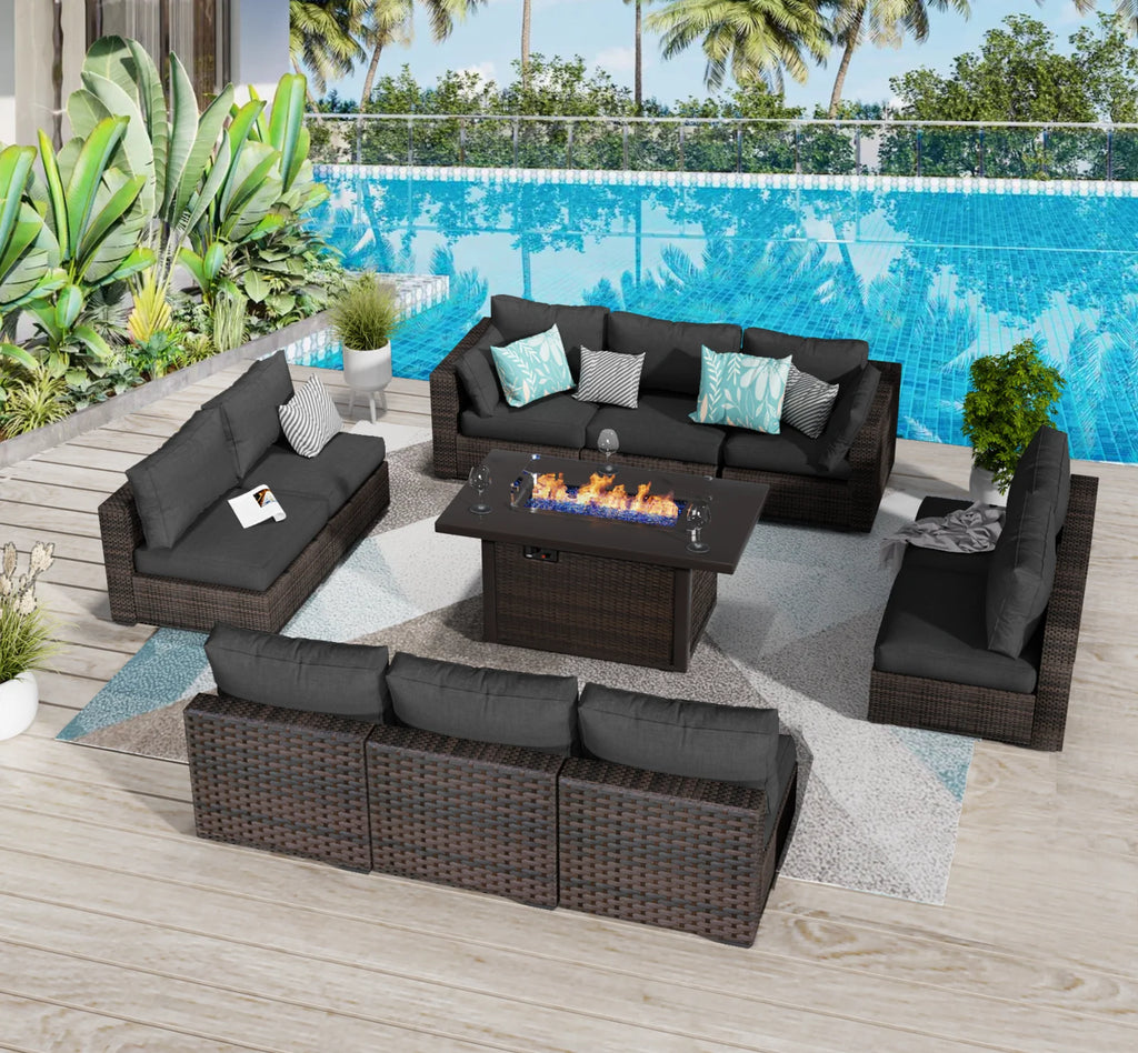 11 PCS Black Wicker Patio Furniture Set with Fire Pit Table J311