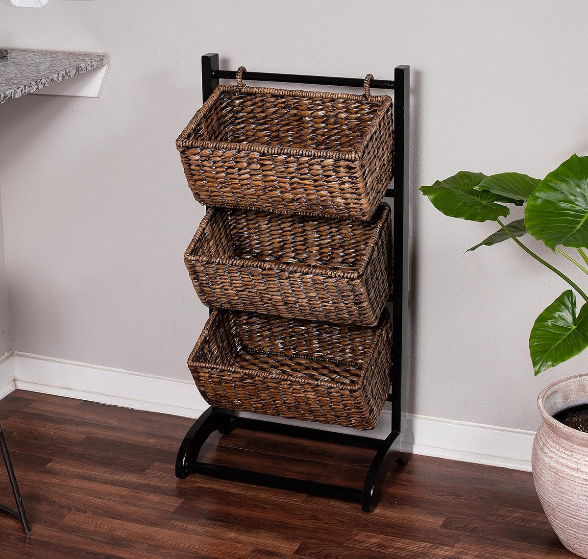 3-Tier Abaca Storage Organizer Shelf with Solid Wood Frame and 3 Baskets B2789
