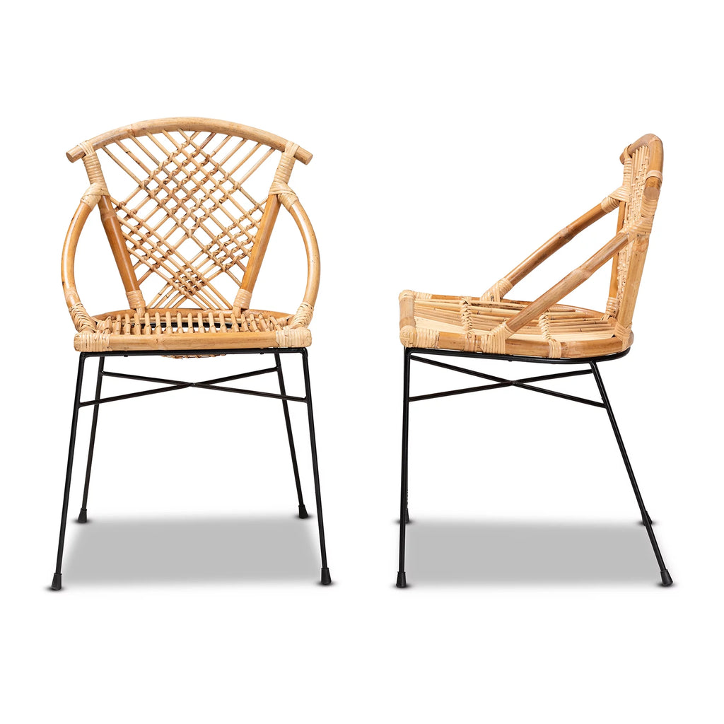 Natural Brown Rattan and Black Metal 2-Piece Dining Chair Set N8420