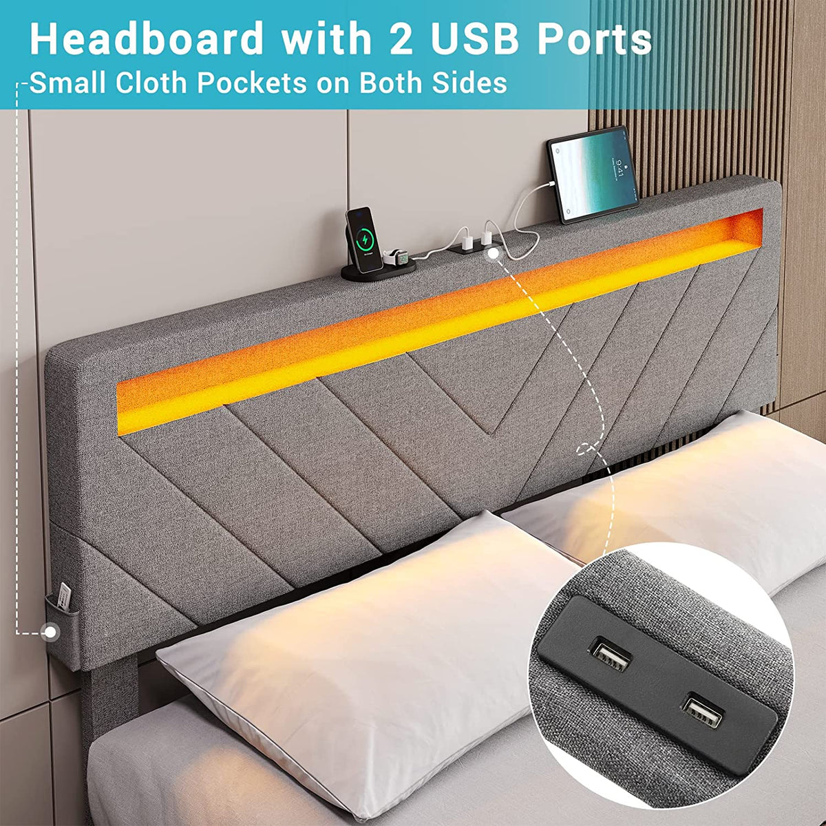 Queen Bed Frame with 2 USB Charging Station & 4 Storage Drawers, LED Upholstered, Dark Grey C27031