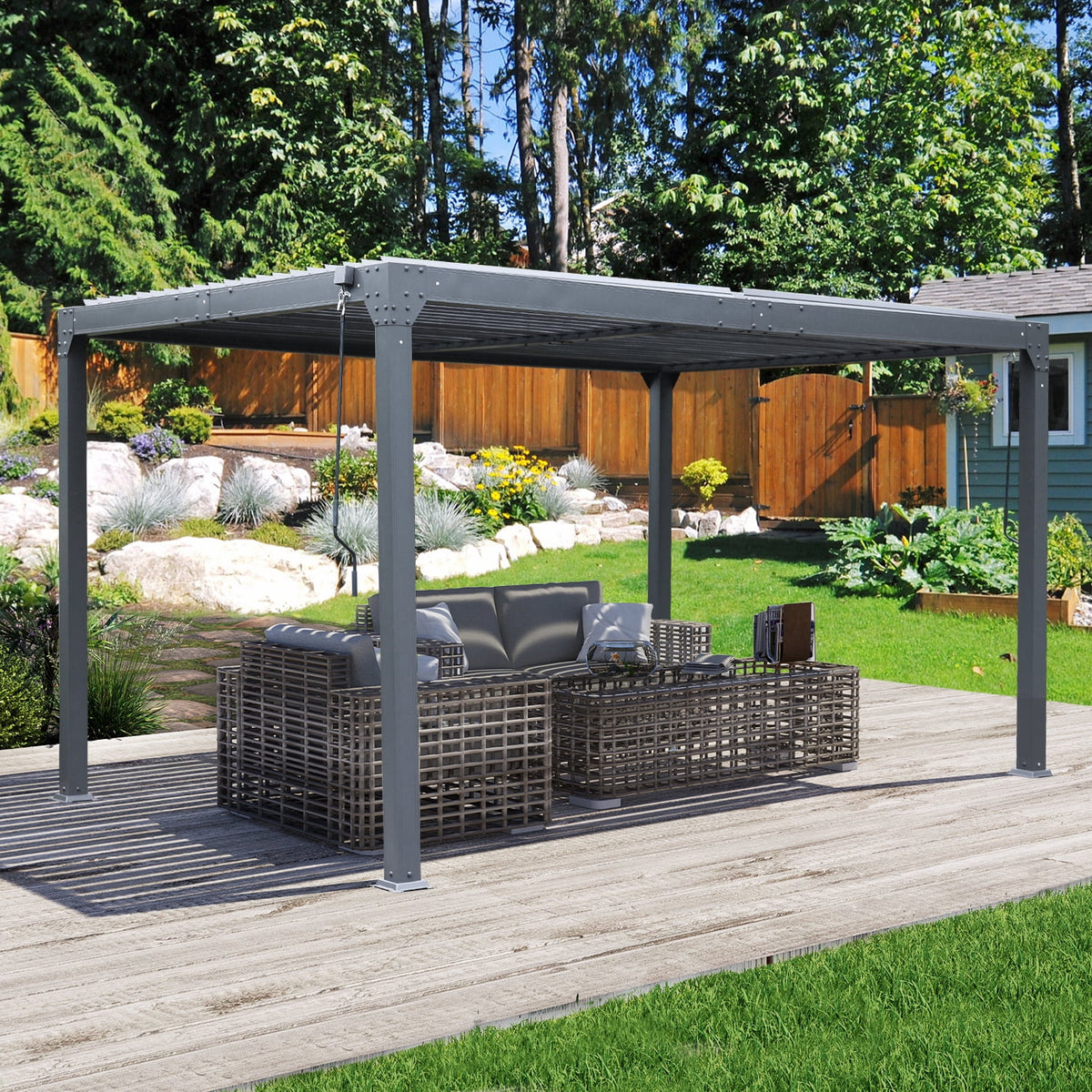 13 x 10 ft. Outdoor Aluminum Louvered Pergola Waterproof Gazebo with 2 Adjustable Rainproof Panels - Dark Gray Y166