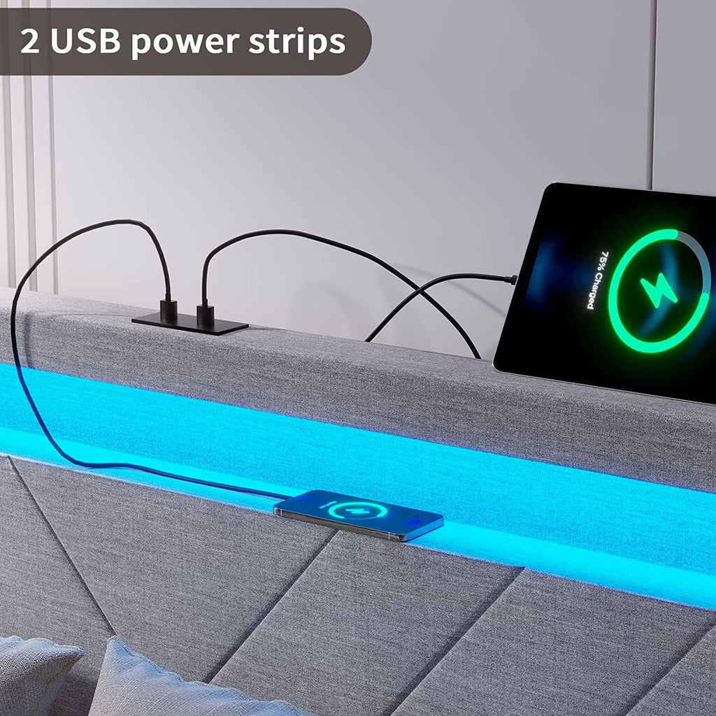 Queen Size Upholstered Platform Bed Frame with 4 Drawers and LED Lights Headboard C28983