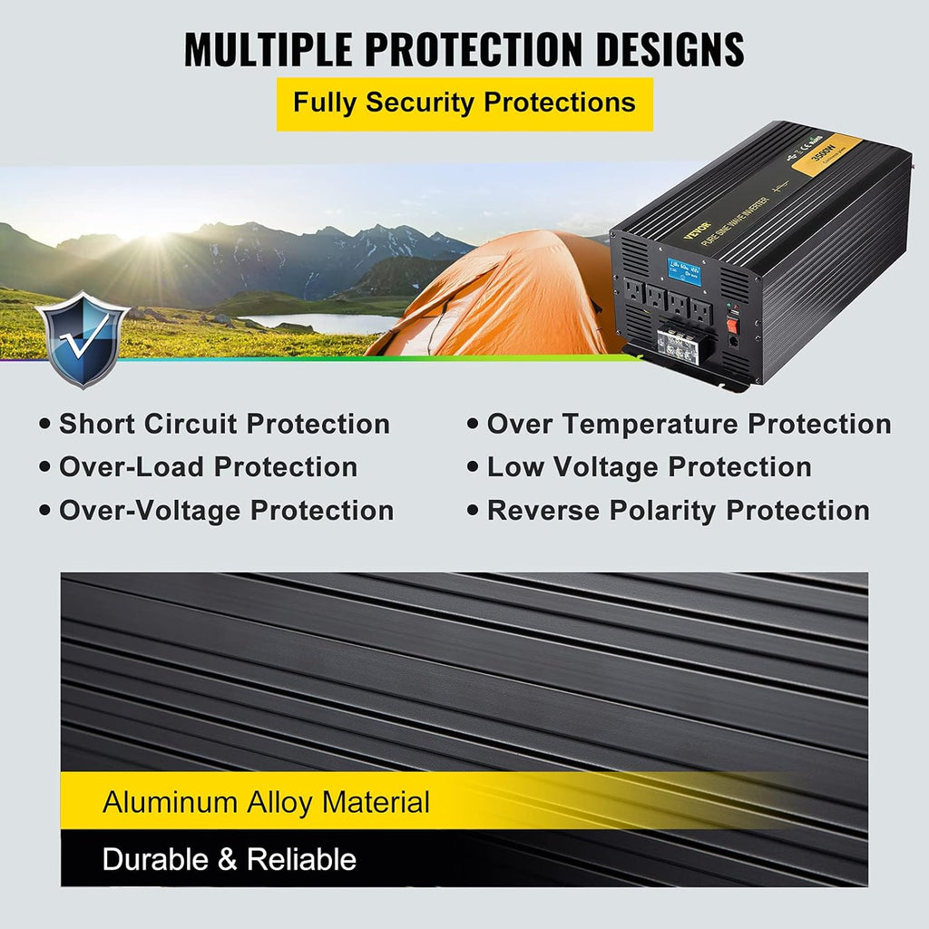 3500 Watt Pure Sine Wave Power Inverter, DC 12V to AC 120V, with USB Port LCD Display Remote Controller and AC Outlets X716