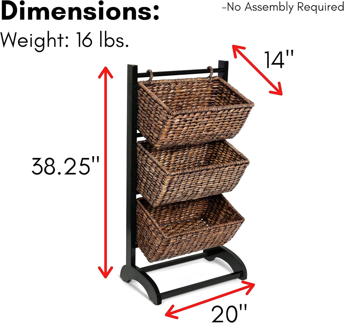 3-Tier Abaca Storage Organizer Shelf with Solid Wood Frame and 3 Baskets B2789