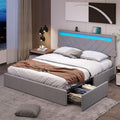 Queen Size Upholstered Platform Bed Frame with 4 Drawers and LED Lights Headboard C28983