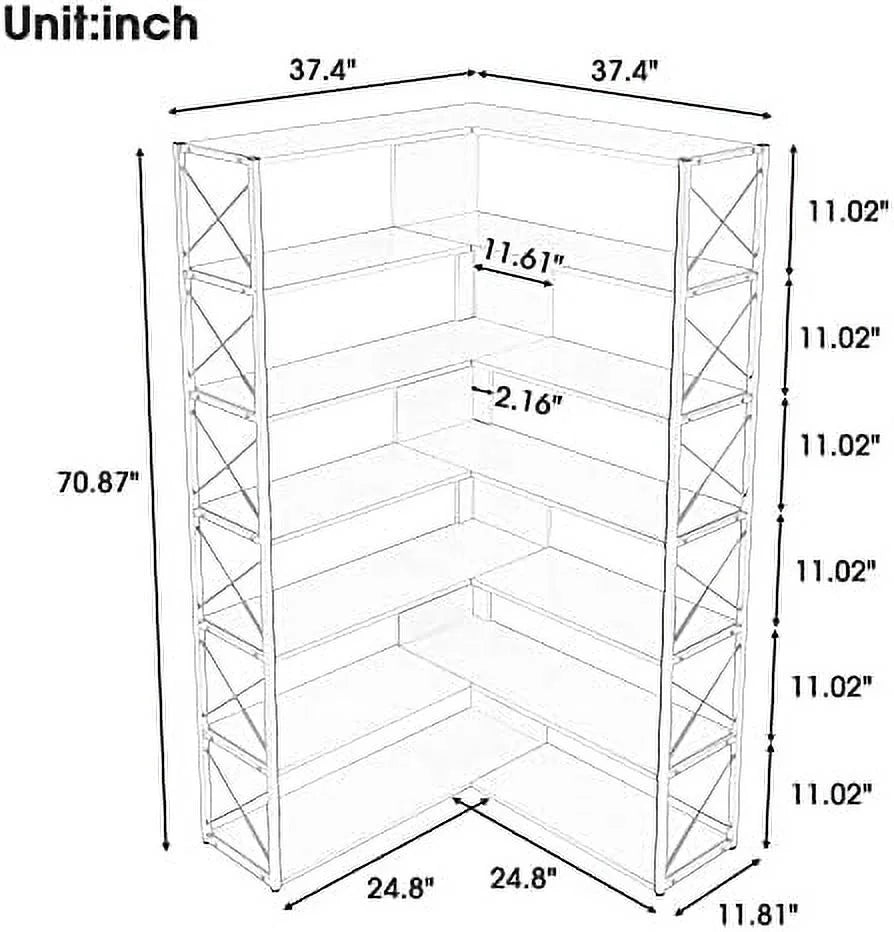 7-Tall L-Shaped Corner Bookshelf with Metal Frame I1914