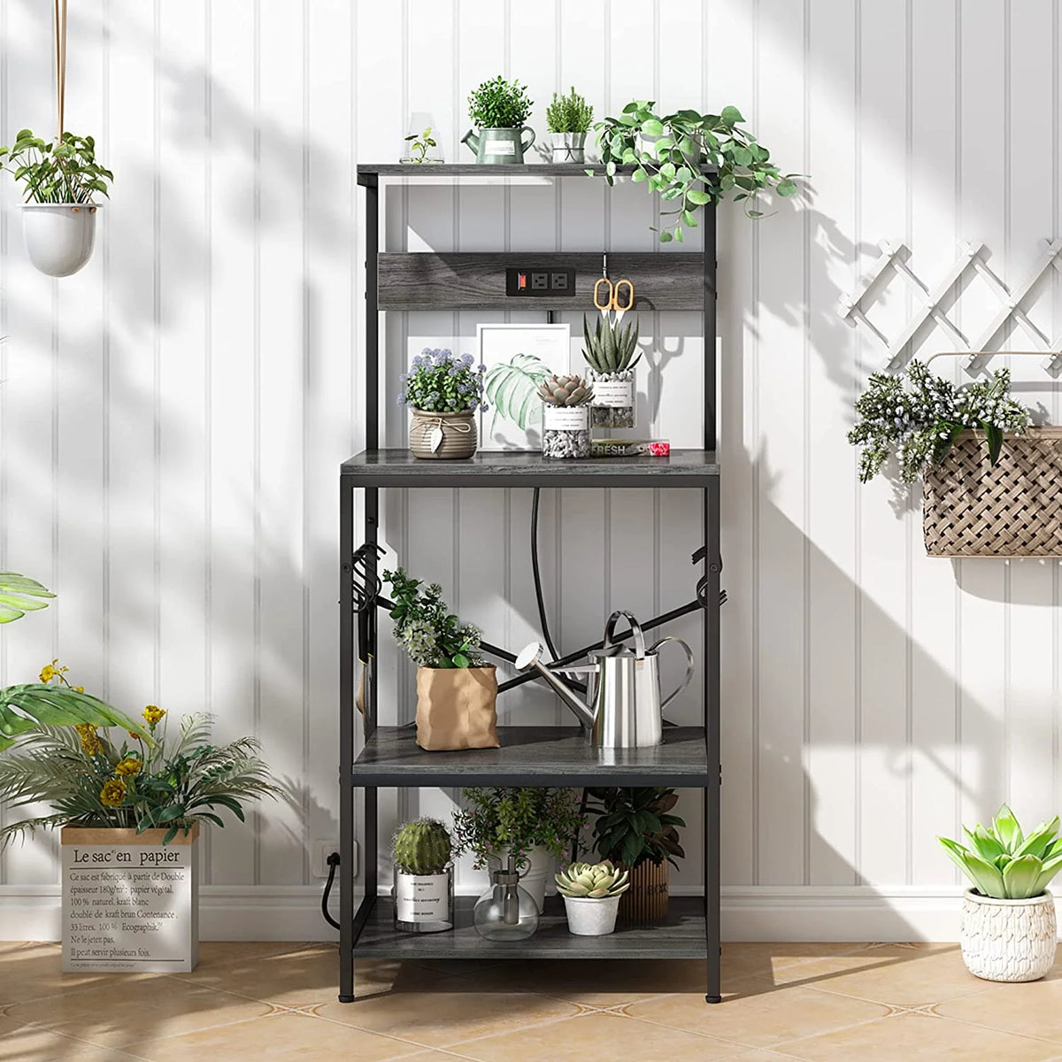 Charcoal Gray 4 Tiers Kitchen Bakers Rack with Power Outlet L62572