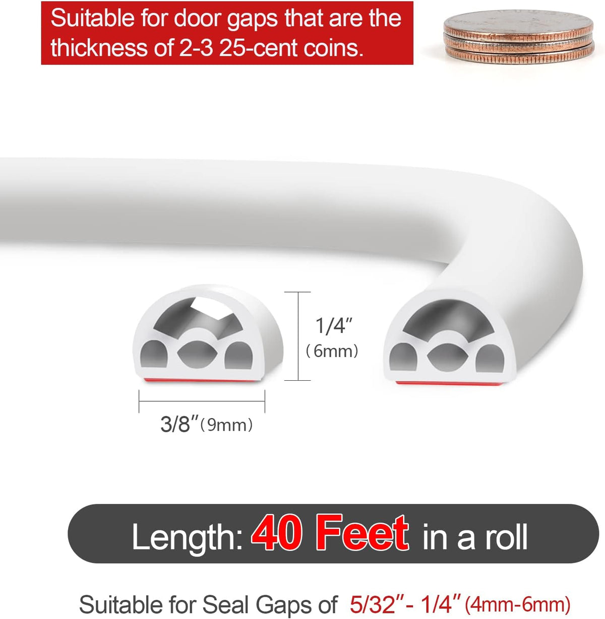 40 Feet Silicone Door Weather Stripping Self-Adhesive Seal Strip J78603