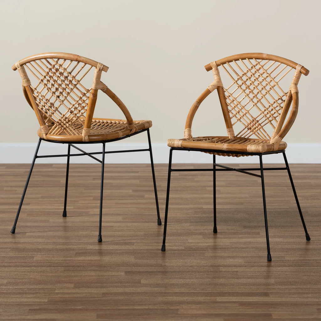 Natural Brown Rattan and Black Metal 2-Piece Dining Chair Set N8420