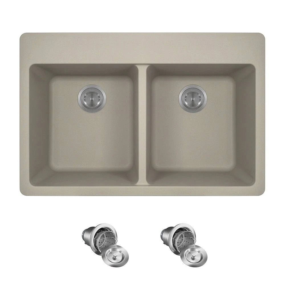 Quartz Granite Double Basin Drop-In Kitchen Sink with Basket Strainers E713071