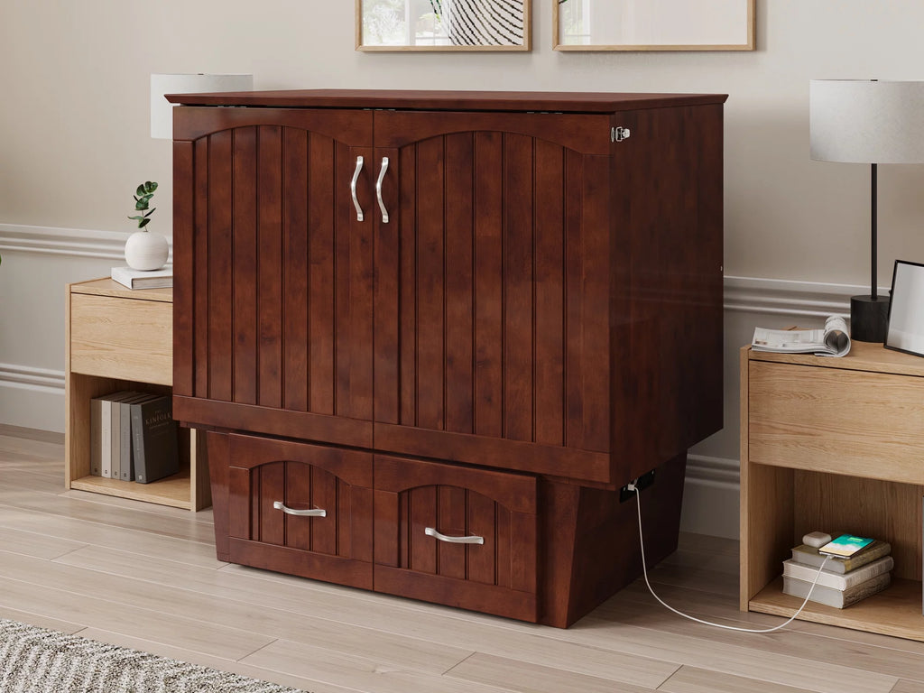 Twin Solid Wood Murphy Bed Chest with Mattress, Drawer & Charger, Walnut C704