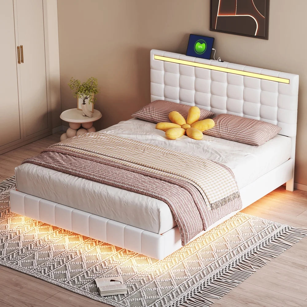 Queen Size White Upholstered Platform Bed Frame with LED Lights and USB Charging M267