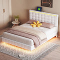 Queen Size White Upholstered Platform Bed Frame with LED Lights and USB Charging M267