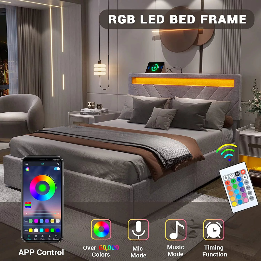 Queen Bed Frame with 2 USB Charging Station & 4 Storage Drawers, LED Upholstered, Dark Grey C27031