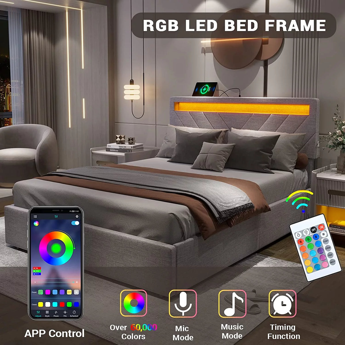 Queen Bed Frame with 2 USB Charging Station & 4 Storage Drawers, LED Upholstered, Dark Grey C27031