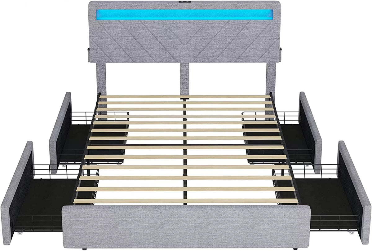 Queen Size Upholstered Platform Bed Frame with 4 Drawers and LED Lights Headboard C28983