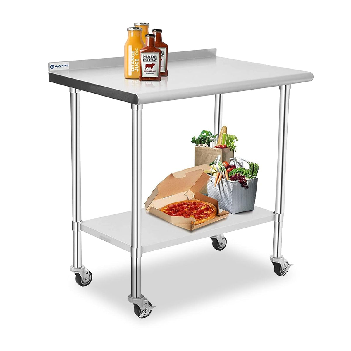 Stainless Steel Prep & Work Table with Caster Backsplash and Adjustable Undershelf F89435
