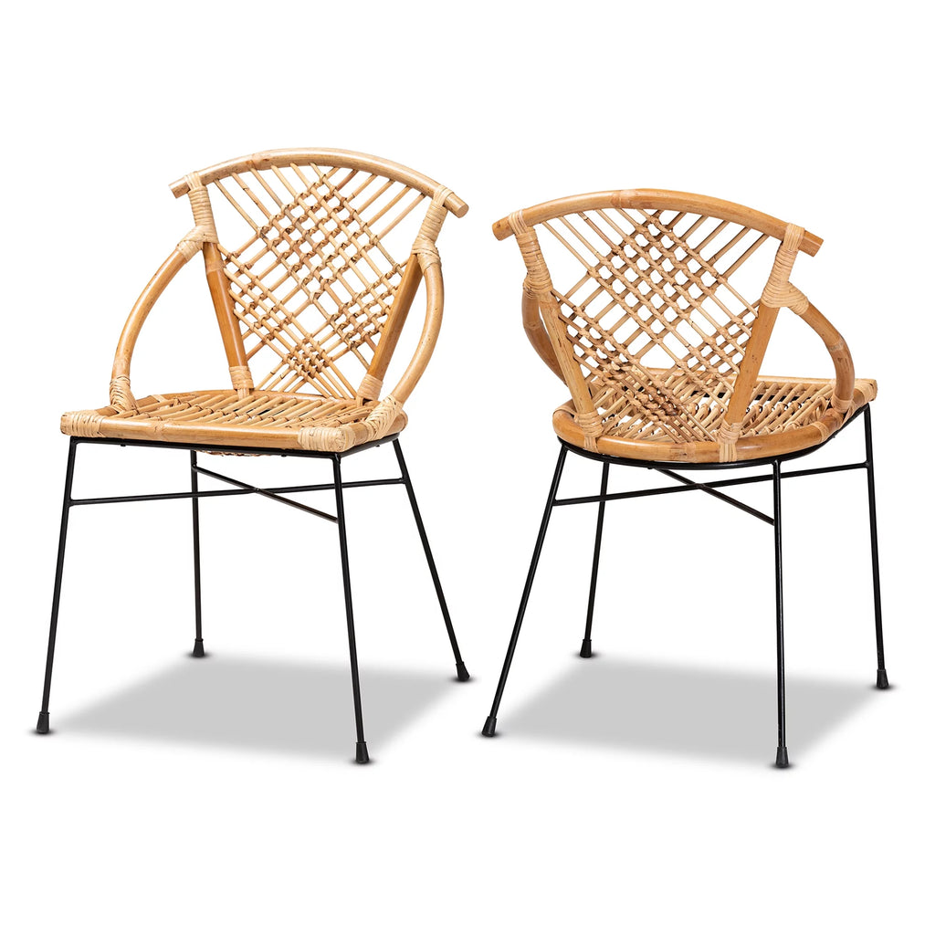 Natural Brown Rattan and Black Metal 2-Piece Dining Chair Set N8420