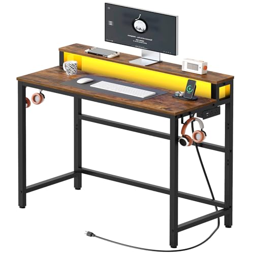 Black Computer Desk with Charging Station and LED Lights G266
