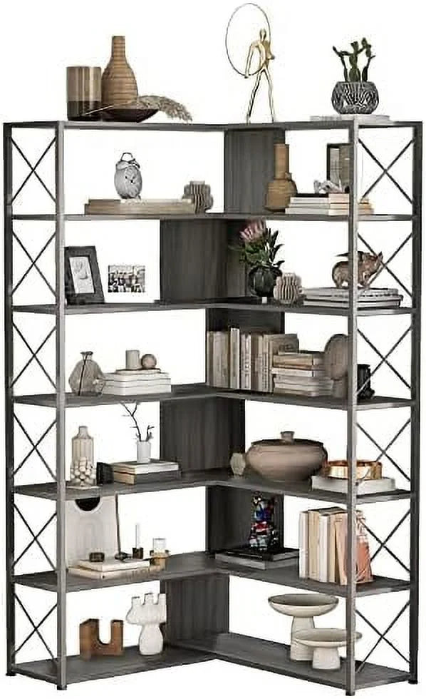 7-Tall L-Shaped Corner Bookshelf with Metal Frame I1914