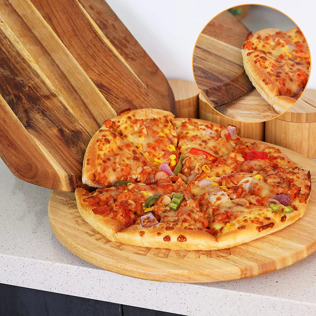 Acacia Wood Pizza Board With Cutter A93972