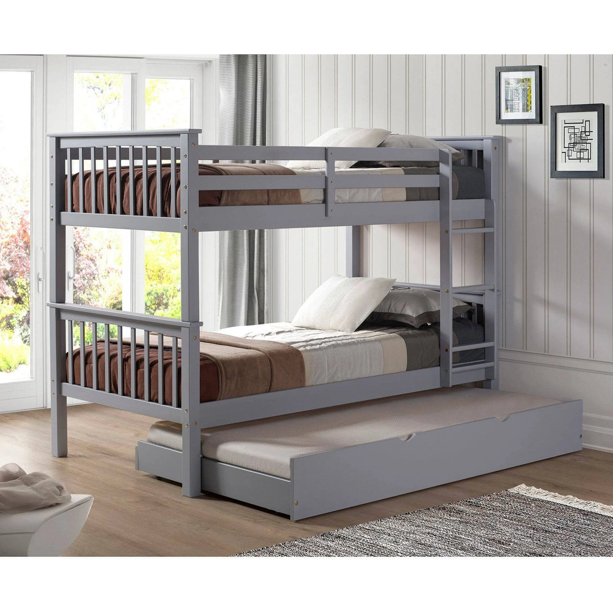 Twin Solid Wood Bunk Bed with Trundle Bed Gray W362106