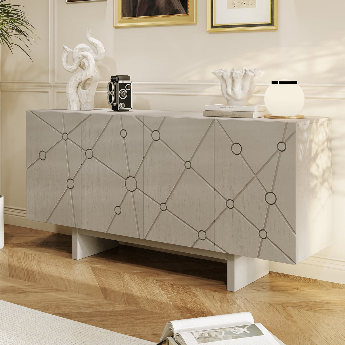 63" 4-Door Cream Sideboard Buffet Cabinet with Adjustable Shelves X16829