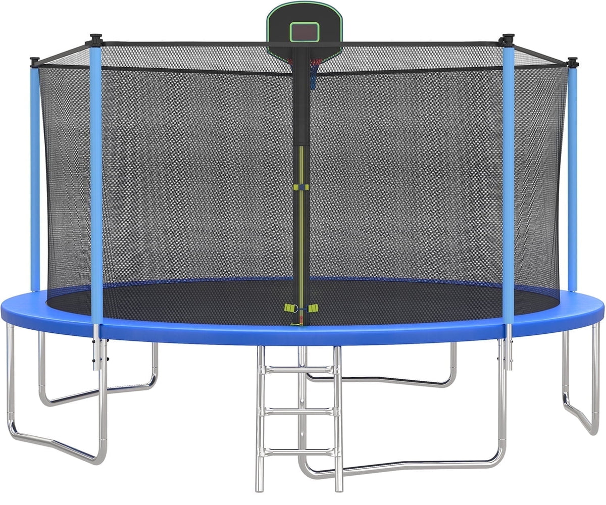 14FT Blue Trampoline with Basketball Hoop and Enclosure Net S687