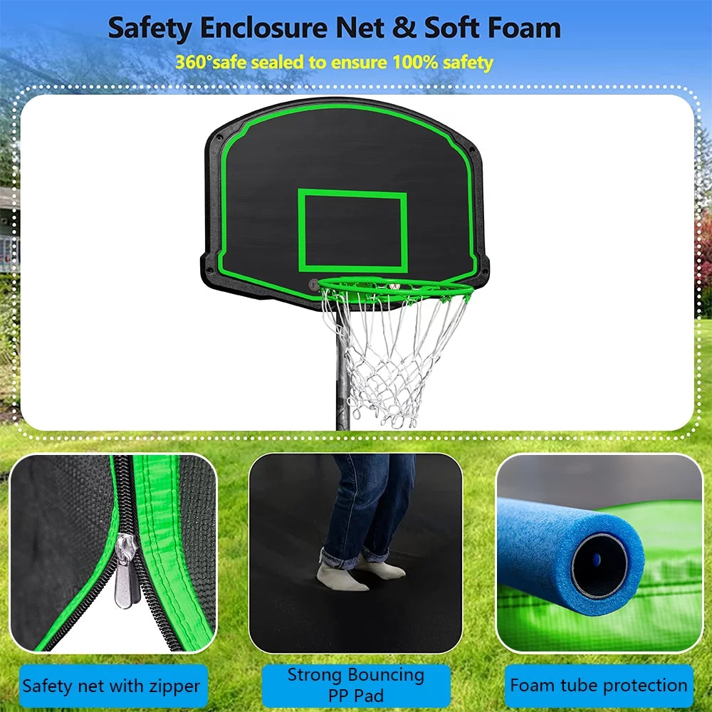 14FT Blue Trampoline with Basketball Hoop and Enclosure Net S687