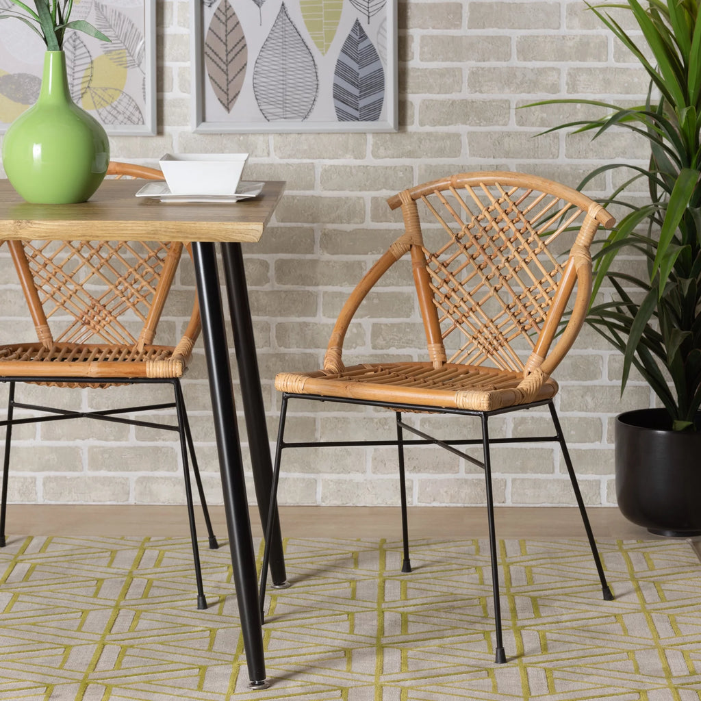 Natural Brown Rattan and Black Metal 2-Piece Dining Chair Set N8420