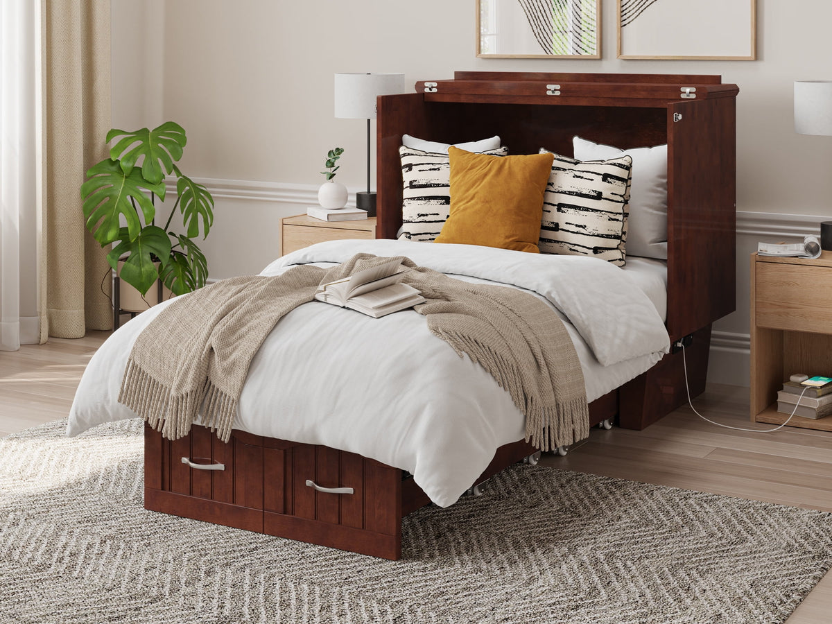 Twin Solid Wood Murphy Bed Chest with Mattress, Drawer & Charger, Walnut C704