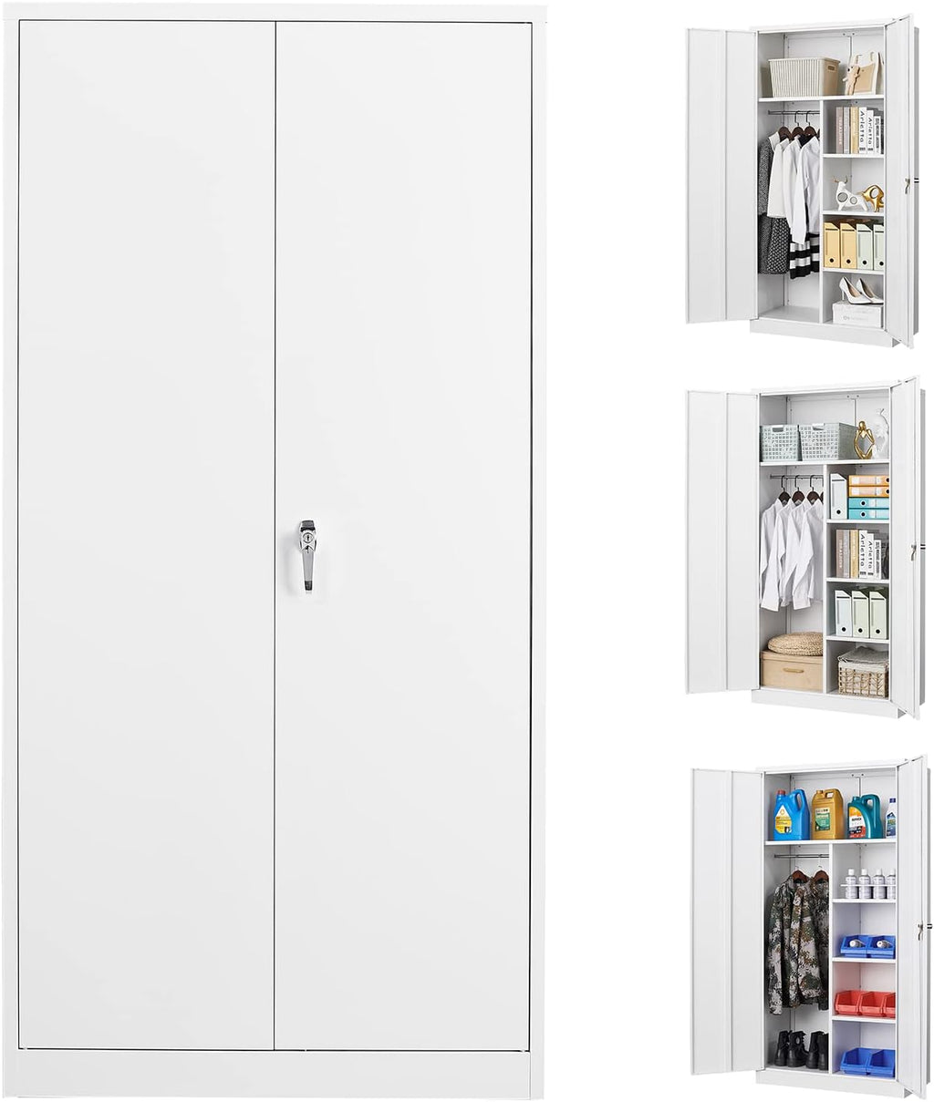 Metal Locker Storage Cabinets, 72" White Tall Steel Wardrobe with Hanging Rod, Shelves and Lockable Doors U8663