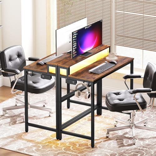 Black Computer Desk with Charging Station and LED Lights G266