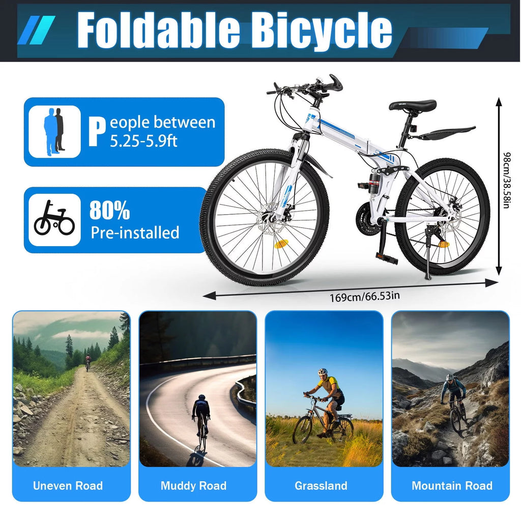 26 Mountain Folding Bike 21-Speed High-Carbon Steel Bicycle with Dual Disc-Brake J16157