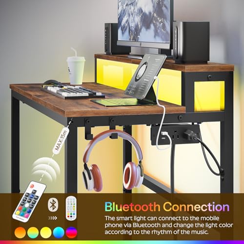 Black Computer Desk with Charging Station and LED Lights G266