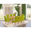 9 Pc Kitchen Set For 8 Dining Table With Leaf And Eight Parson Chair With Oak Leg And Pu Leather Color Autumn Green Q890629